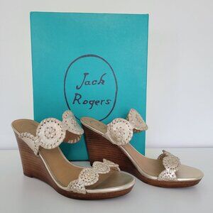 JACK ROGERS Luccia Leather Wedge Sandals in Platinum ~ 8M ~ Like New in Box!
